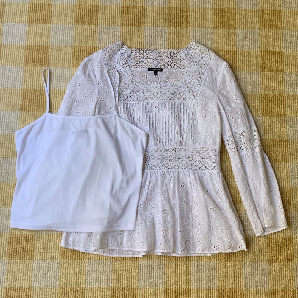 Samuel Dong Lace and Eyelet Bell Sleeve Blouse